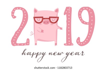 Creative poster for New 2019 Year with cute pig. Symbol of the year in the Chinese calendar. Vector illustration cartoon isolated. Year of yellow pig.