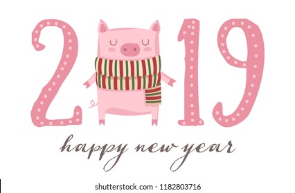 Creative poster for New 2019 Year with cute pig. Symbol of the year in the Chinese calendar. Vector illustration cartoon isolated. Year of yellow pig.
