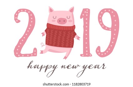 Creative poster for New 2019 Year with cute pig. Symbol of the year in the Chinese calendar. Vector illustration cartoon isolated. Year of yellow pig.
