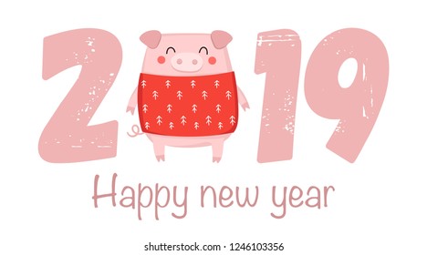 Creative poster for New 2019 Year with cute pig and congratulatory slogan. Symbol of the year in the Chinese calendar. Vector cartoon isolated illustration. Year of yellow pig.