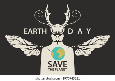Creative poster on theme of environmental protection. Earth day. Vector illustration of a mysterious winged creature on a black backdrop with a beetle head and a medallion in the form of planet Earth