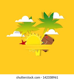 Creative poster of paper palm trees, sun and clouds