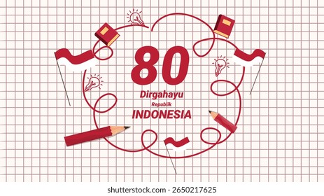 Cartel creativo con cinta de lápiz y rejilla que celebra la independencia de la República de Indonesia ochenta
