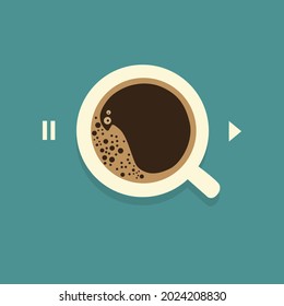 Afiche creativo con taza realista y espresso para el diseño de cafés. Vista superior del café. Ilustración del vector