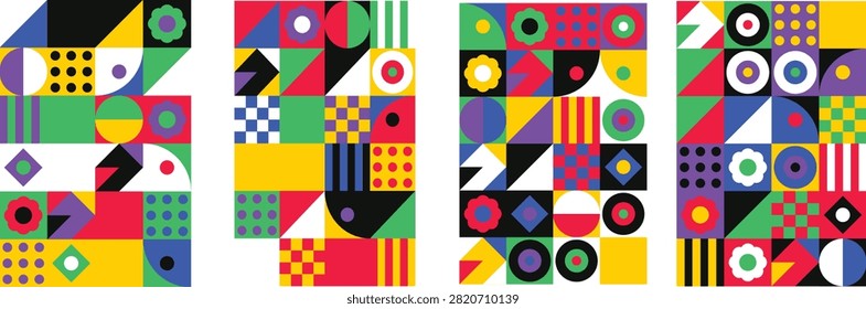 Creative poster series using minimalist geometric shapes, bold color combinations, abstract pattern backgrounds, art.