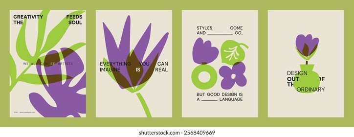 Creative poster set with bold purple and green abstract designs. Inspirational quotes on creativity and design. Modern and vibrant art style. Creative floral poster template vector set.