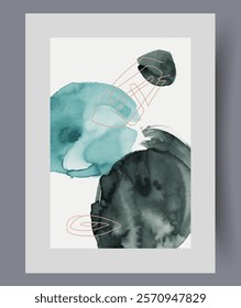 Creative poster in style of abstract minimalism to decorate walls of apartment with Scandinavian design. Creative work with asymmetrical spots in chaotic position, painted with watercolor paint