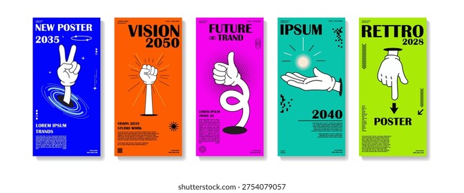 Creative poster template collection featuring stylized hand illustrations with bold colors and contemporary graphic layouts.