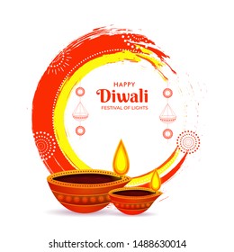 Diseño creativo de afiches o plantillas con lámparas de aceite iluminadas (Diya) sobre el efecto derrame de pincel fondo para Festival de las Luces, Feliz Diwali. 