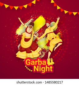 Creative poster or template design with illustration of couple dancing on the occasion of Garba Night Party celebration.