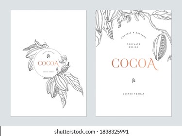 Creative Poster Template Design, Line Art Illustration Of Cocoa And Leaves On White