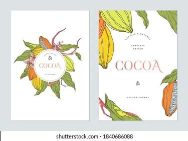Creative poster template design, line art illustration of cocoa and leaves on white