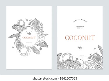 Creative poster template design, line art illustration of coconut and various leaves on white