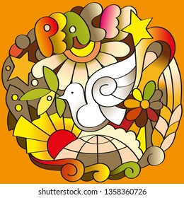 Creative poster template - trendy colorful background. Bright texture with doodle elements. Theme of world peace.