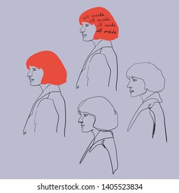 Creative poster woman hand drawn portrait in abstract modern style. Contemporary composition. Linear painting. 