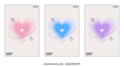Creative poster with y2k style blurred gradient hearts. Social media banner with text. Trendy minimalistic and modern design for promotions. Colourful template background set. Vector illustration