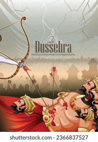 creative poster,banner illustration of hand lettring calligraphy of indian festival dussehra with Lord Rama holding Bow and Arrow killing ravana.