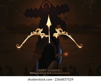 creative poster,banner illustration of hand lettring calligraphy of indian festival dussehra with Lord Rama holding Bow and Arrow killing ravana.