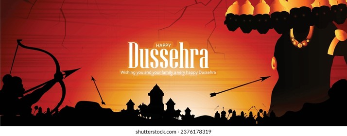 creative poster,banner illustration of hand lettring calligraphy of indian festival dussehra with Lord Rama holding Bow and Arrow killing ravana.