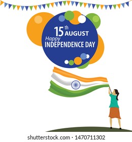 Creative poster/flyer design of Indian Independence day celebration, a girl is waving the Indian flag in a very attractive design.