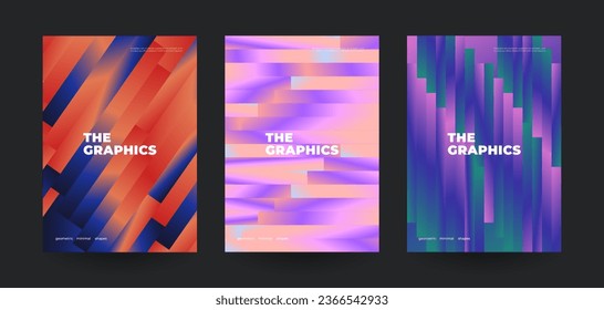 Afiches creativos con degradado distorsionado. Diseño colorido de volantes abstractos. 