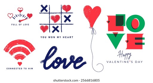 Creative posters vector set connected to him, Happy Valentine's Day. Be my Valentine templates love shine, full of love, tic tac toe, brush stroke style. Template background in modern vector style.