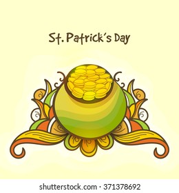 Creative pot full of coins on floral design decorated background for Happy St. Patrick's Day celebration.