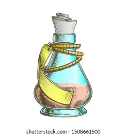 Creative Potion Glass Bottle Phial Ink Vector. Mixture Bottle Decorated Blank Ribbon On Planted Yarn. Liquid In Conic Vial Template Hand Drawn In Retro Style Color Illustration