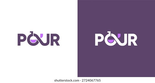 Diseño creativo del logotipo de POUR con la P vertida y el elemento líquido