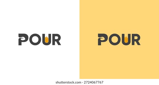 Diseño creativo del logotipo de POUR con la P vertida y el elemento líquido