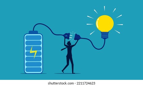 Poder creativo. El empresario enciende una bombilla. ilustración de vector de concepto de negocio