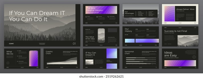 Creative Powerpoint presentation template. Modern Keynote presentation background, brochure cover design, brand guidelines, pitch deck, landing page, annual report, Google slides, company profile.