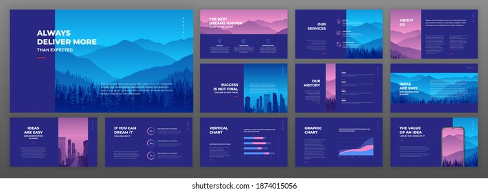 Creative powerpoint presentation template set. Use for creative keynote presentation with forest and city backgrounds, brochure design, website slider, landing page, annual report, company profile.