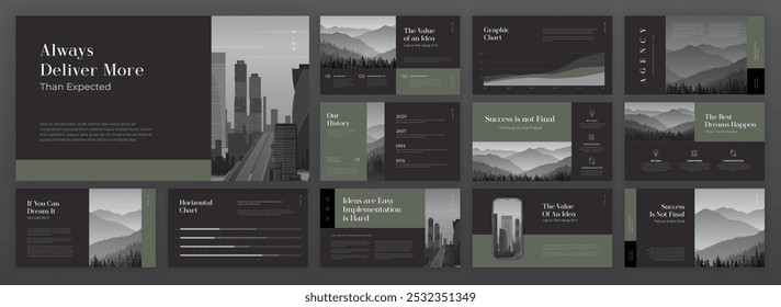 Creative Powerpoint presentation template set. Modern Keynote presentation background, brochure cover design, brand guidelines, proposal presentation, annual report, company profile, pitch deck.