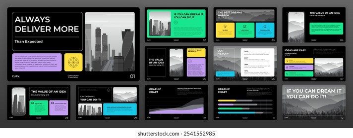 Creative Powerpoint presentation template set. Modern Keynote presentation background, brochure cover design, brand guidelines, proposal presentation, annual report, company profile, pitch deck.