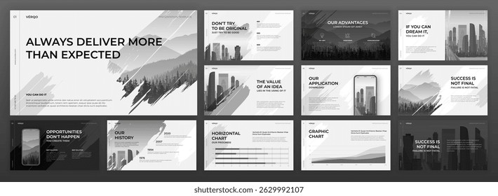 Creative Powerpoint presentation templates set. Creative Keynote presentation background, brochure cover design, landing page, annual report, company profile, pitch deck, brand guidelines, proposal.