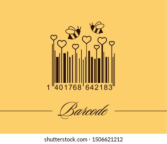 Creative premium bar code. Hearts and honey bees. Vector image