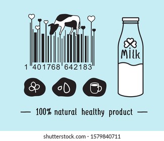 Creative premium barcode with cow. Set of vector icons for packaging milk. 100% Natural heathy product.