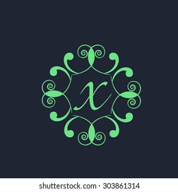 Creative premium monogram design with shiny green floral frame and English Alphabet X on blue background.