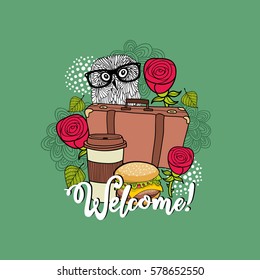 Creative print for the cafe. Vector illustration with smart owl in eyeglasses and fast food.