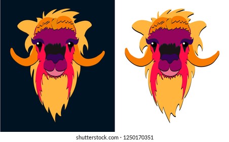 Creative print design of an arctic muskox head. Colorful psychedelic animal head print for poster, t-shirt and other apparel or textile.