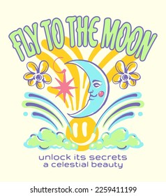 Creative print and poster design featuring the slogan Fly to the Moon with a depiction of the moon and colorful graphics including happy face and clouds