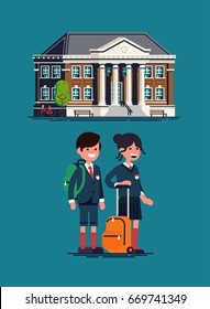 Creative Private School Vector Design Elements With Classic Look School Building And Two Primary School Student Kids Wearing Uniform And Backpacks