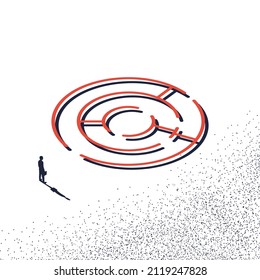 Creative problem and solving. Businessman standing about wall found way out exit from labyrinth. Business concept. Choice way. Vector illustration isometric minimal design. 3d style. Achieving goal.