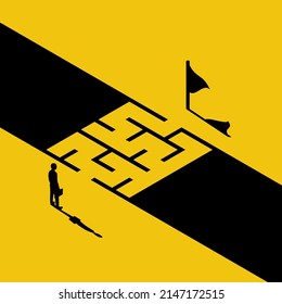 Creative problem and solving. Businessman standing about wall found way out exit from labyrinth. Business concept. Choice way. Vector illustration isometric minimal design. 3d style. Achieving goal.
