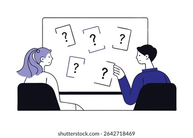 Creative Problem Solving Concept with Business People and Question Mark Sticky Notes FAQ, Doubt, Clarification, and Solution Idea Illustration