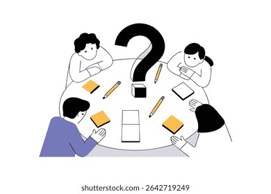 Creative Problem Solving Concept with Business People and Question Mark Sticky Notes FAQ, Doubt, Clarification, and Solution Idea Illustration