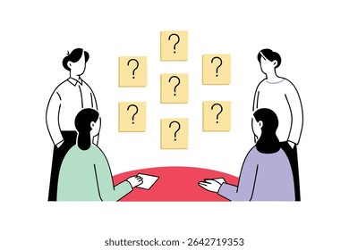 Creative Problem Solving Concept with Business People and Question Mark Sticky Notes FAQ, Doubt, Clarification, and Solution Idea Illustration