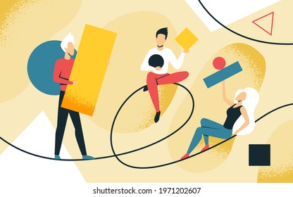 Creative problem solving concept vector illustration. Cartoon man woman characters holding abstract shapes, figures and forms, create solution for business problem task, people teamwork background