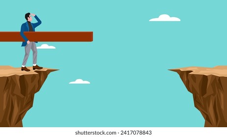 creative problem solving illustration with businessman using a long wooden plank as a bridge to cross the cliff, problem solving skills, complicated solution, process or procedure to fix problem